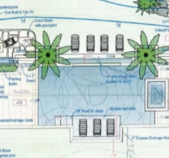 Engineered swimming pool drawing showing pool layout, depths, plumbing runs and deck detail