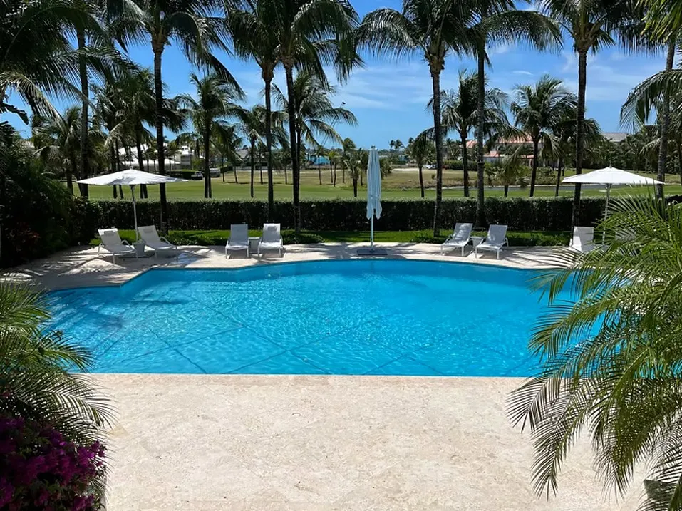 Large resort style swimming pool surrounded by sun loungers, umbrellas, clipped hedging and tall palms